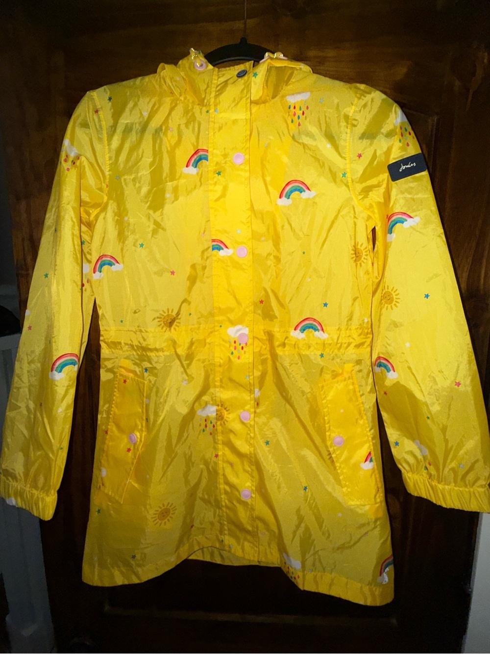 Joules Yellow Raincoat with Rainbow and Sun Print